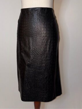 Rena Lange Vintage Nappa Lamb Leather Crocodile Embossed Pencil Skirt